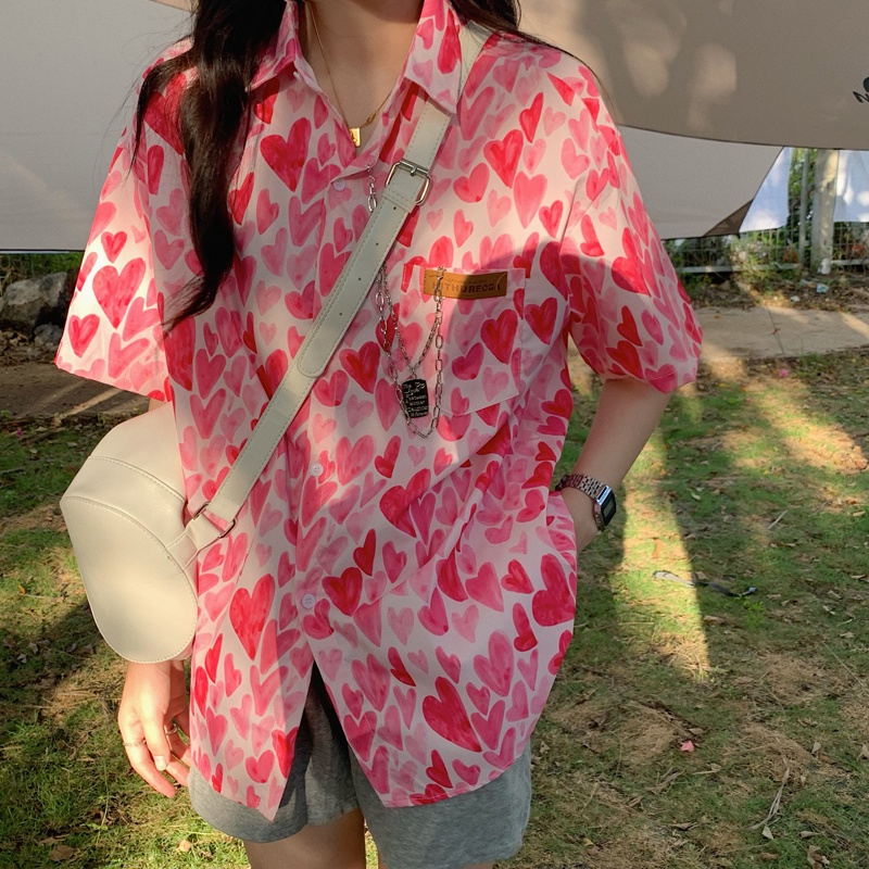 SUXI Áo sơ mi tay ngắn dáng rộng in thời trang mùa hè phong cách Hàn Quốc cho nữ