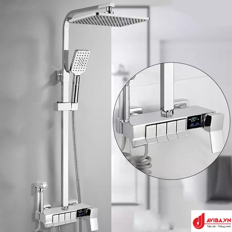 Bộ sen cây tắm đứng có phím chỉnh tốc độ nước - Sen cây điều chỉnh nhiệt độ màu trắng bạc cao cấp aviba