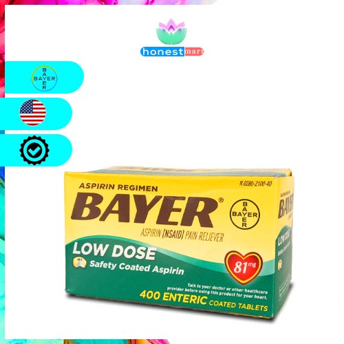 Viên uống ngăn ngừa nhồi máu cơ tim Bayer Low Dose Aspirin 81mg 400 viên