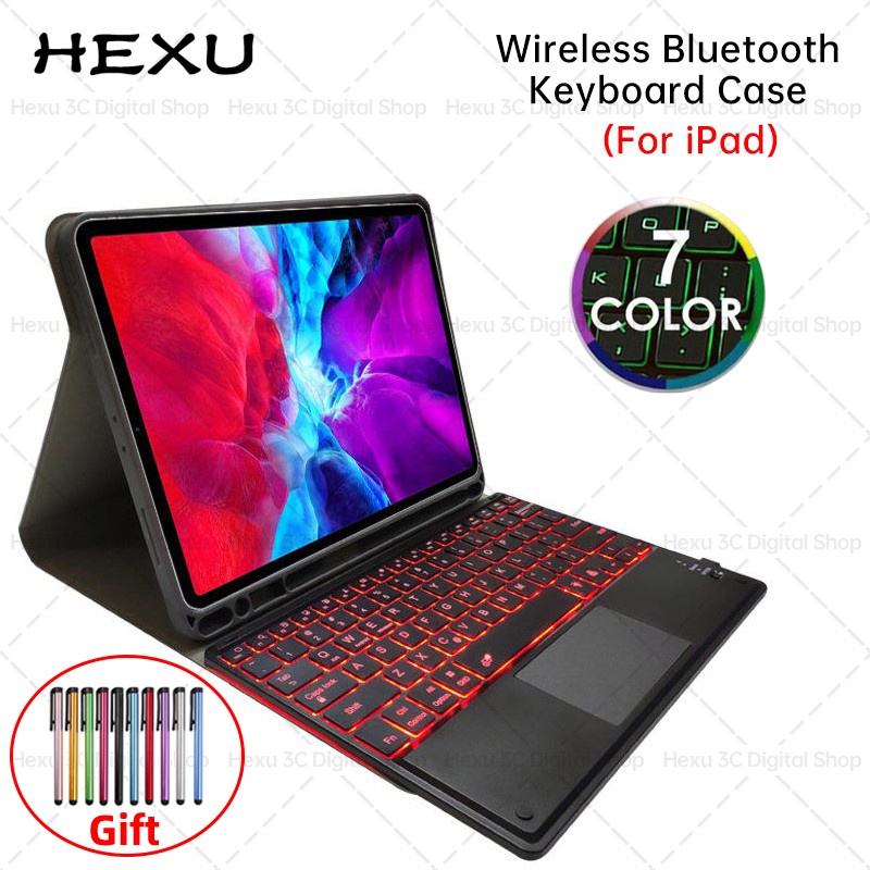 Hexu Magic Wireless Bluetooth Touchpad LED Light Backlight Keyboard Case for IPad Pro 11 2021 Air4 10.9 2020 Air3 10.5 Air 7th 8th 10.2 9.7 2018 with Pen Slot Holder Leather Cover