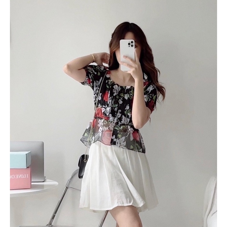 Set áo hoa chân váy trắng