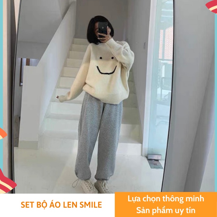 Set bộ áo len nữ SMILE cao cấp gồm áo và quần dài dầy dặn, FREESHIP, form rộng, phong cách Hàn Quốc, Ulzzang [CÓ SẴN] | BigBuy360 - bigbuy360.vn