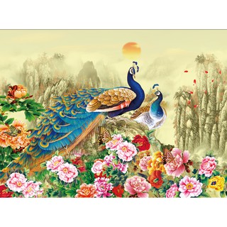 Tranh dán tường 3D đôi chim công -vải lụa kim tuyến kích thước theo yêu cầu