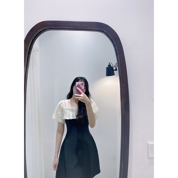 Đầm nữ váy nữ dự tiệc thiết kế BIGSIZE  đen phối cổ vuông voan tơ tay bồng VAA02-