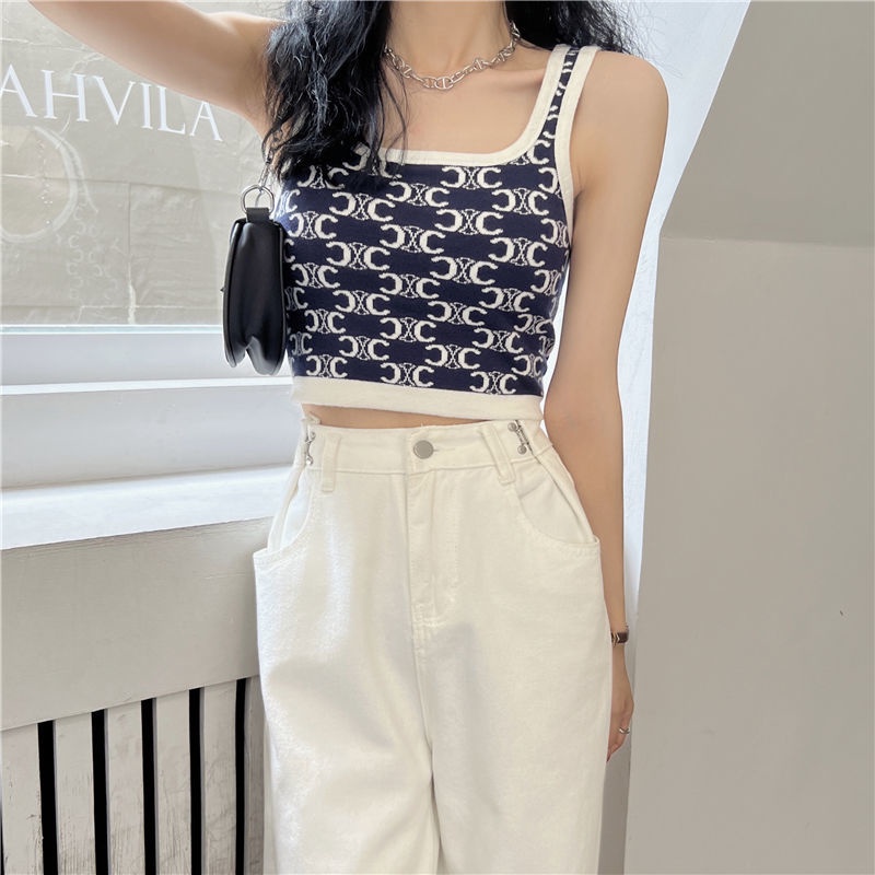 Áo Dệt Kim Hai Dây Dáng Ngắn Phong Cách Thời Trang Hàn Quốc