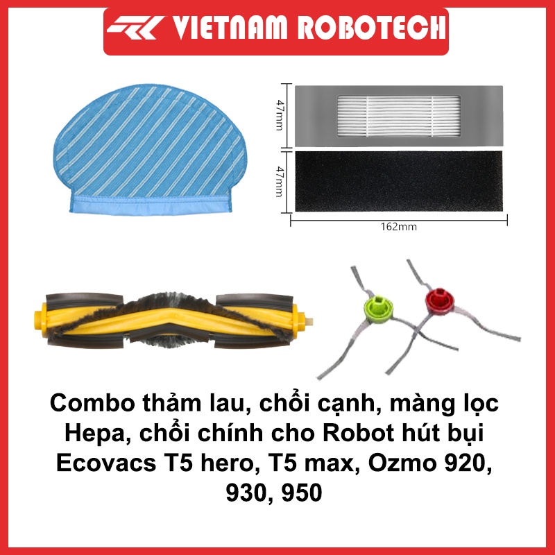 Combo Phụ kiện dự phòng cho Robot T5 hero, T5 max (1chổi giữa, 2 chổi cạnh, 1 màng lọc, 1 thảm lau) -  VIETNAMROBOTECH