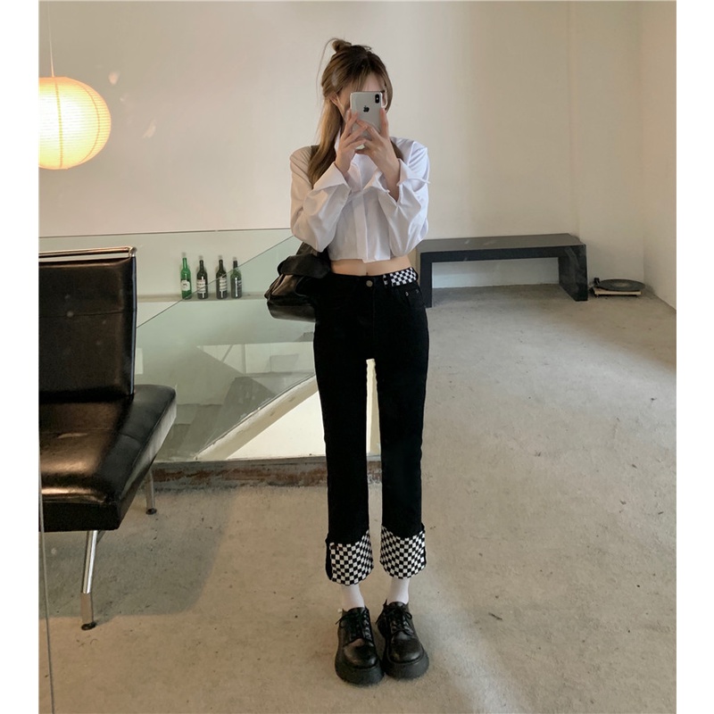 Quần jean ống đứng dáng rộng họa tiết sọc caro thời trang Hàn Quốc dễ phối đồ cho nữ | BigBuy360 - bigbuy360.vn