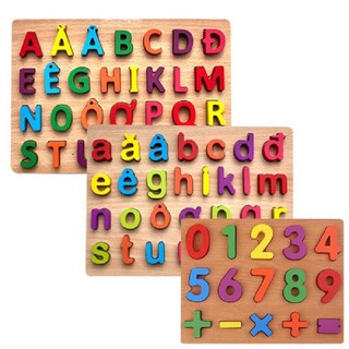 combo bảng chữ cái tiếng việt in thường, in hoa và bảng số bằng gỗ cho bé