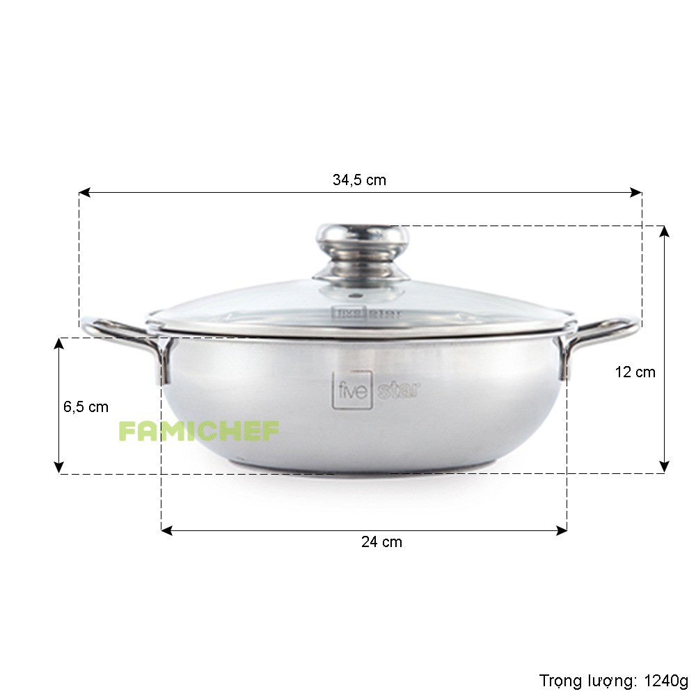 Nồi lẩu inox 3 đáy nắp kính Fivestar L243DG 24cm