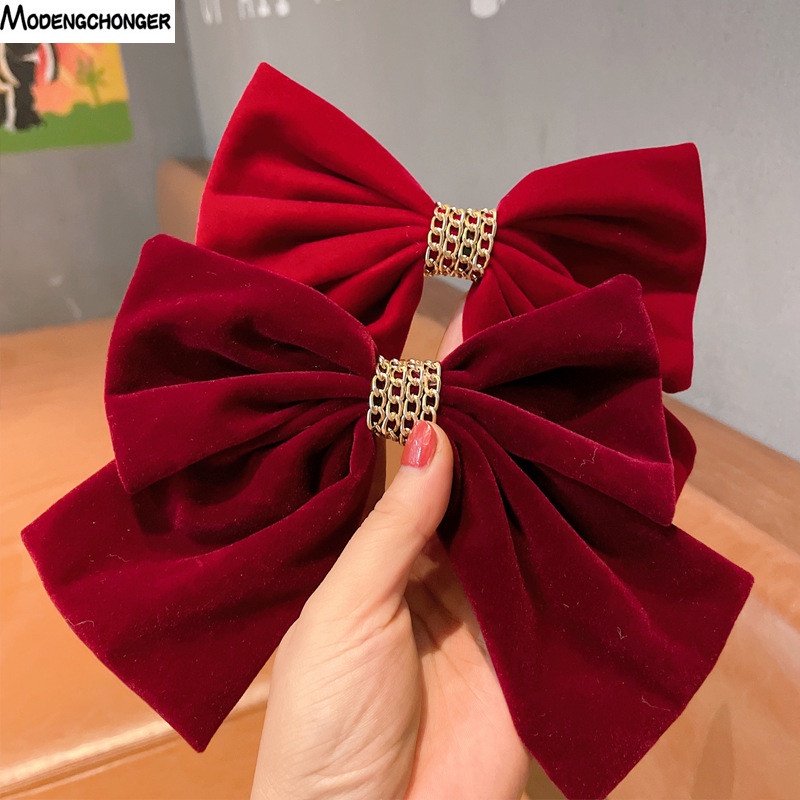 Kẹp Tóc Nơ Lớn Bằng Nhung Phối Dây Xích Màu Đỏ Phong Cách Hàn Quốc Cho Cô Dâu