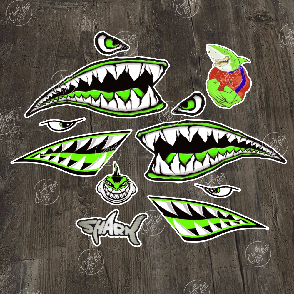 Bộ tem cá mập màu XANH LÁ hình dán decal nhám chống nước trang trí xe máy laptop nón bảo hiểm