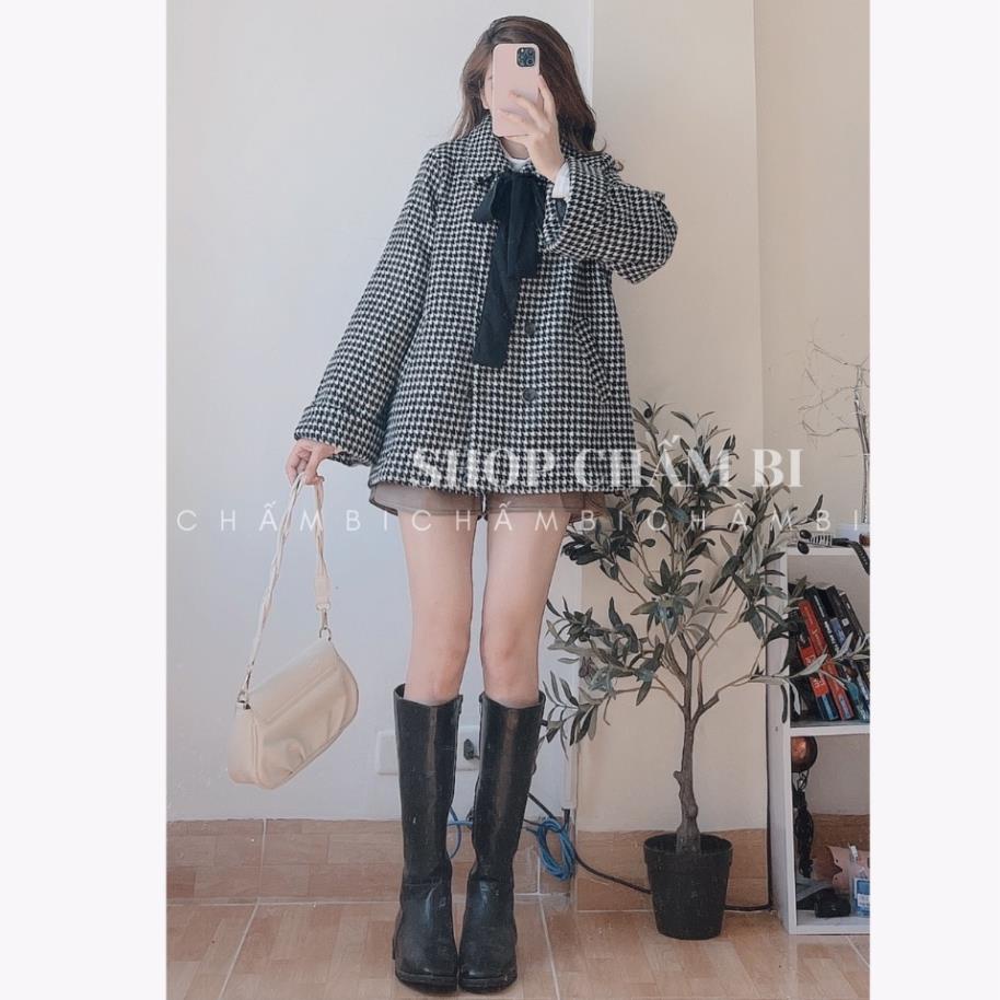 [13.1 trả hàng] Áo dạ kẻ tay rộng A.110, Áo khoác cổ đức cúc dọc nơ đen cực xinh