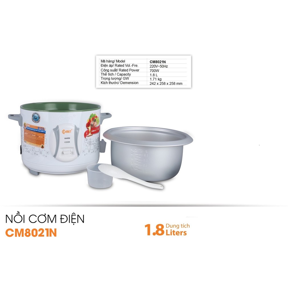 Combo Nồi cơm điện nắp rời 1.8L và chảo chống dính COMET - CM8021 & CH11-26