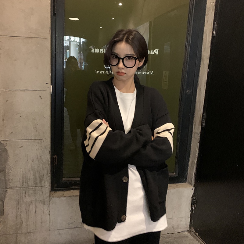 Porozi  Áo Khoác Cardigan Dệt Kim Cổ Chữ V Họa Tiết Kẻ Sọc Phong Cách Hàn Quốc Cho Nữ