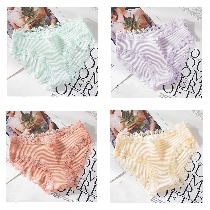 [Set 10 quần] Quần lót nữ cotton gân tăm viền ren quyến rũ phối nơ xinh xắn