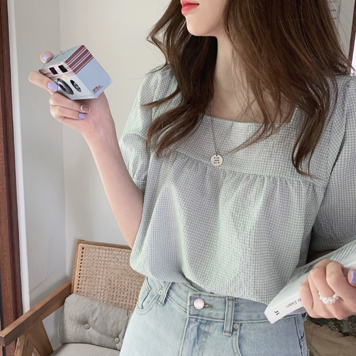 Áo Sơ Mi Nữ Tay Phồng Cổ Vuông Màu Xanh Lá Cây Sọc Caro Phong Cách Hàn Quốc Tối Giản Thanh Lịch Cho Nữ