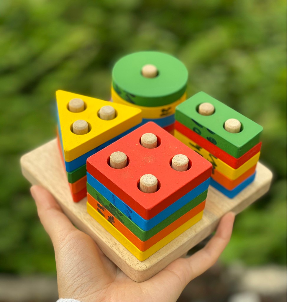 Free Ship Đồ chơi gỗ - Đồ chơi gỗ montessori 4 cọc hình khối DCG26