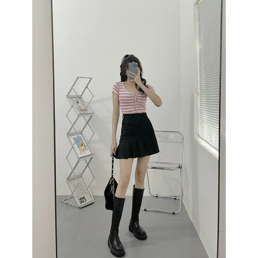 Áo croptop nữ tay ngắn HHVINTAGE kiểu bấm nút basic Top A27