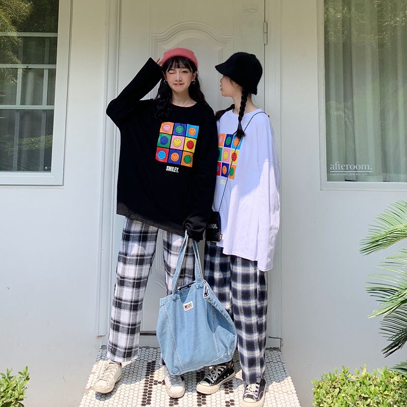 Set Áo Thun Tay Dài Dáng Rộng + Quần ống rộng Họa Tiết Sọc Caro Thời Trang Cho Nữ