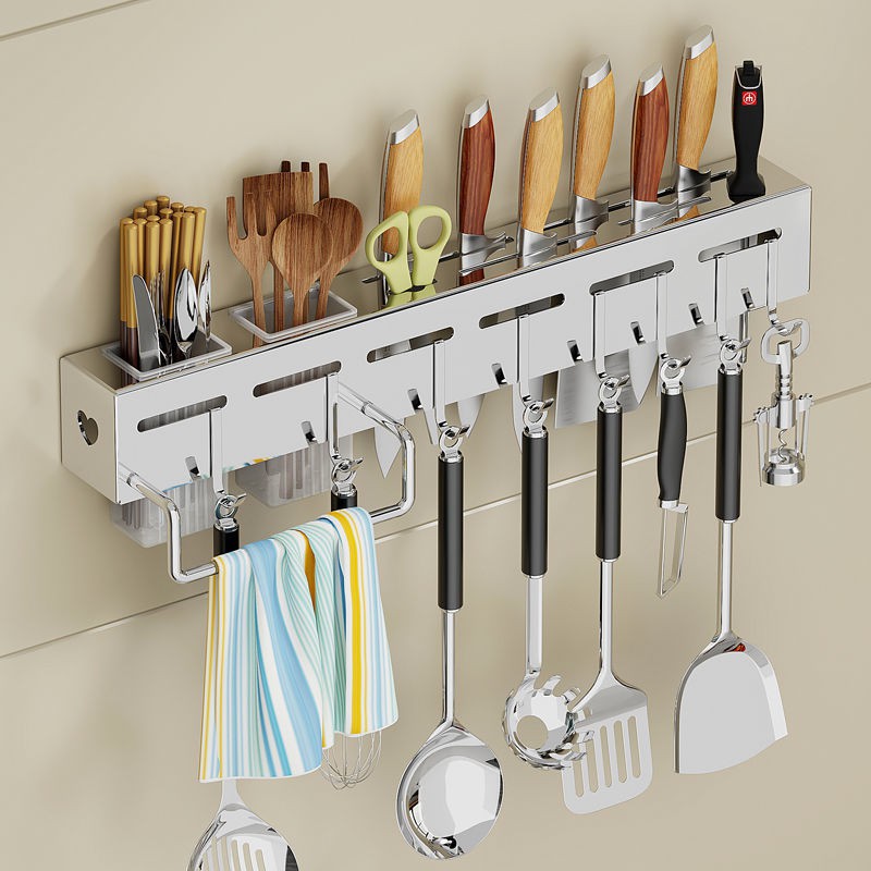Đồ dùng nhà bếp & Phòng ăn﹊■Giá đỡ dao đa năng bằng thép không gỉ dày dặn, có lỗ để đồ treo tường nhà bếp gia