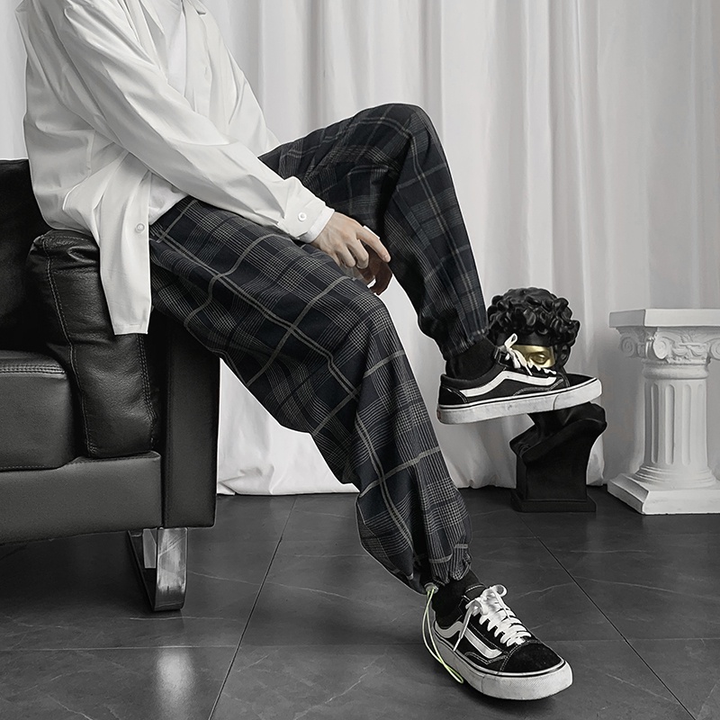 Quần dài ống rộng họa tiết sọc caro phong cách hip hop cho nam