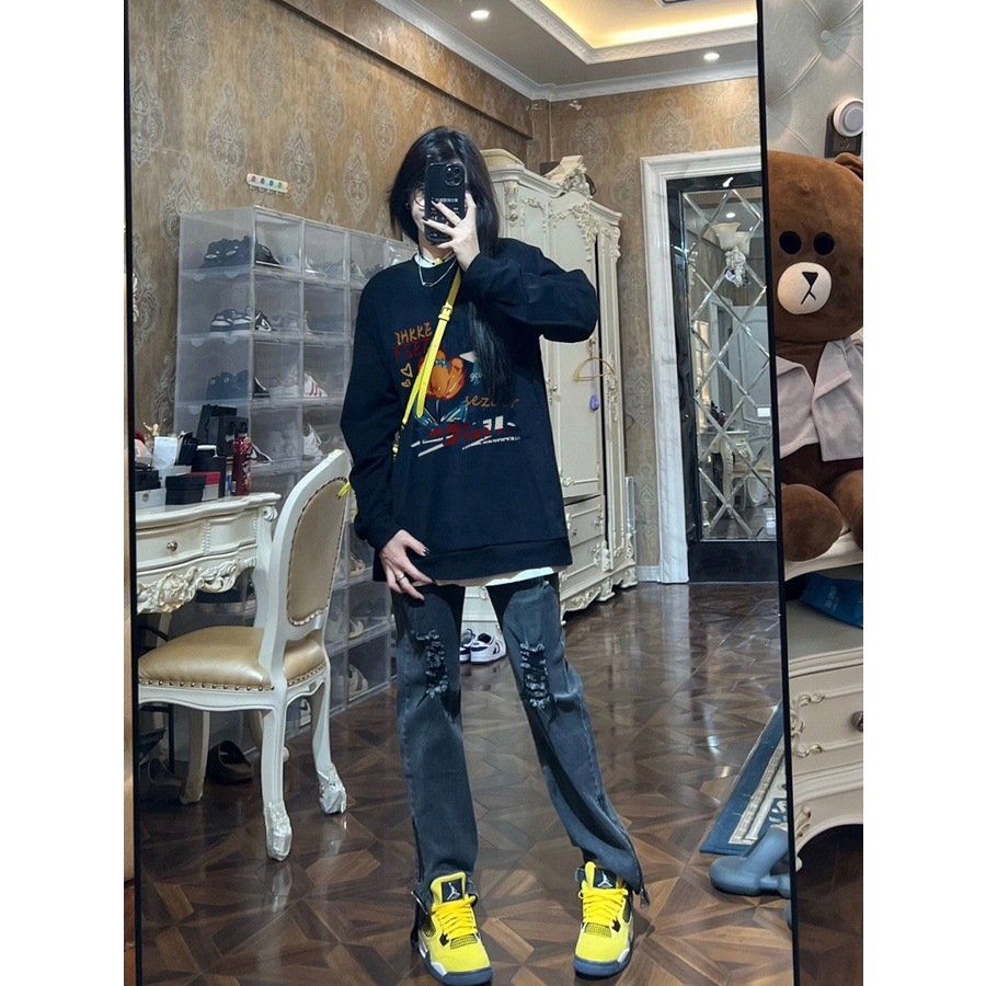SELVZE Áo sweater tay dài cổ tròn in họa tiết thời trang dành cho nữ