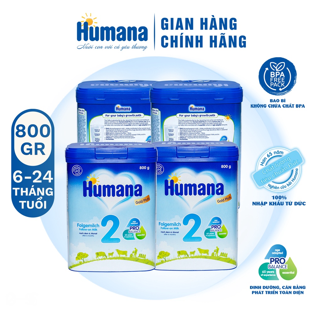 Combo 4 lon Sữa bột Humana gold plus 2 800g - Sữa công thức dành cho trẻ từ 6 đến 24 tháng tuổi nhập khẩu từ Đức