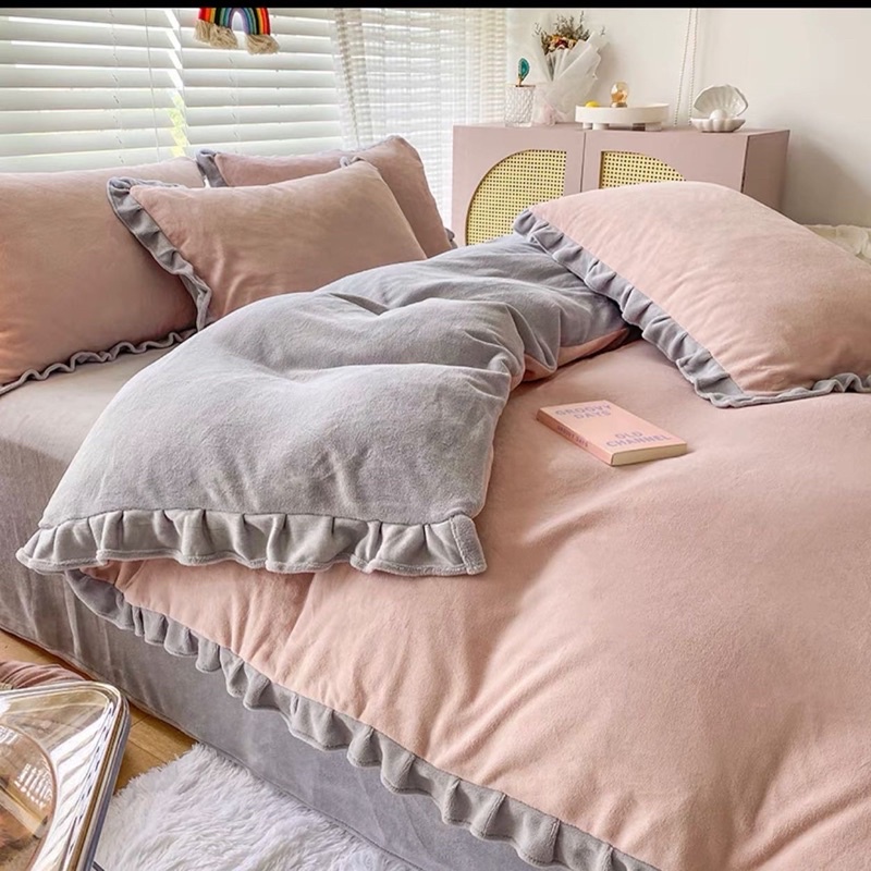Set Bộ Vỏ Nỉ Mịn Trơn Viền Bèo,Chất Nhung Mềm, Êm, Giữ Nhiệt Tốt