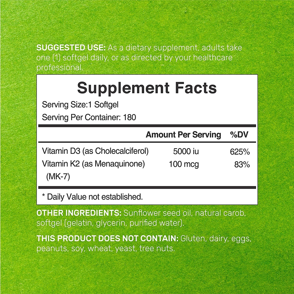 Deal Supplement Vitamin D3 5000IU K2 MK7 100MCG - Viên uống D3 K2 hỗ trợ chắc khỏe xương, cải thiện tim mạch 180 viên