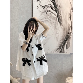 Áo sơ mi blazer tay bồng nơ đen