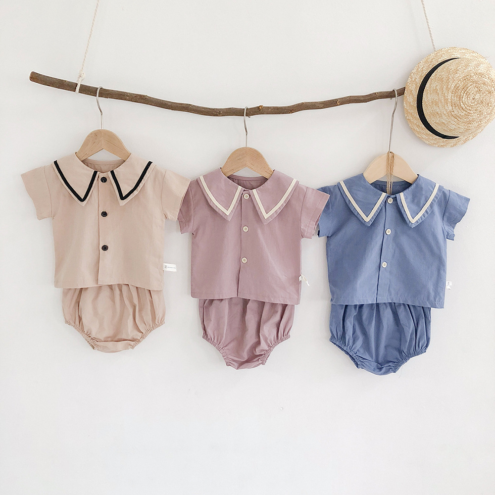 Baby Navy Square Collar Short-sleeved Cotton Top Shirt + Shorts Two-piece Suit Newborn Infant Girls Boys Summer Clothes Set
