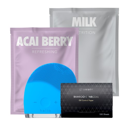 Combo Máy Rửa Mặt Và Mát Xa Da Mặt Halio , 2 Mặt nạ Lixibox Milk và Acai Berry, Giấy thấm dầu than hoạt tính tre Lixibox