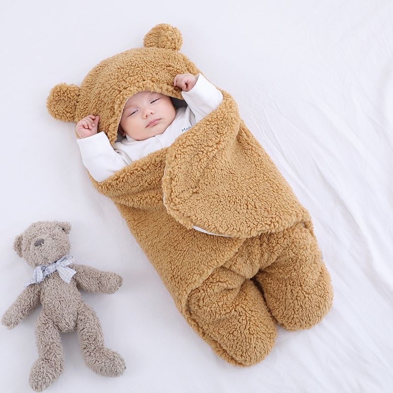 Chăn Ủ Gấu Lông Cừu Có Chân Cho Bé Loại Dày 3 Lớp Siêu Ấm