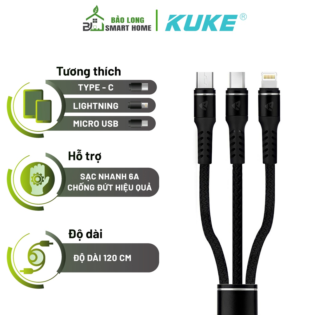 Cáp Sạc Nhanh 3 Đầu Bọc Dù 1,2m 6A KUKE-E90 Cao Cấp Cho Cổng Micro//Type C-Sạc Nhanh,Chống Đứt Gãy