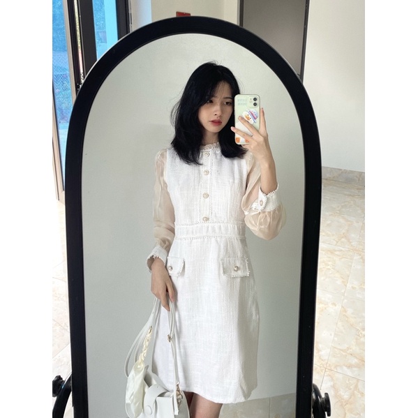 Váy/đầm dạ tweed hàng thiết kế hai lớp phối tay tơ vải voan cúc ngọc sang chảnh màu trắng