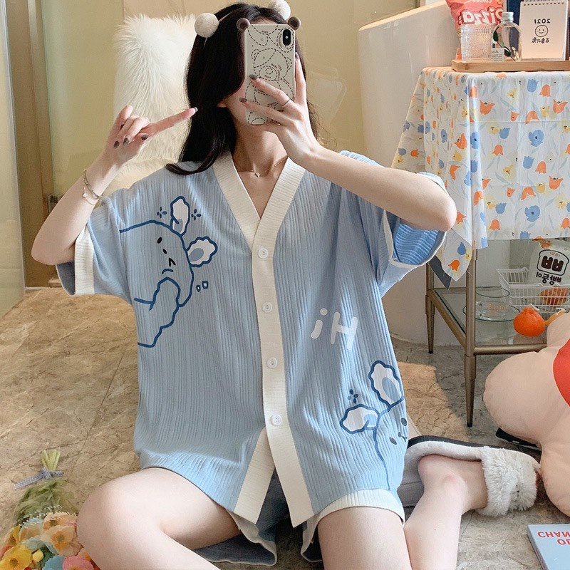Bộ ngủ nữ, Đồ bộ nữ mặc nhà dễ thương hoạt hình pyjama tay cộc quần cộc mùa hè chất đũi xếp BNN004