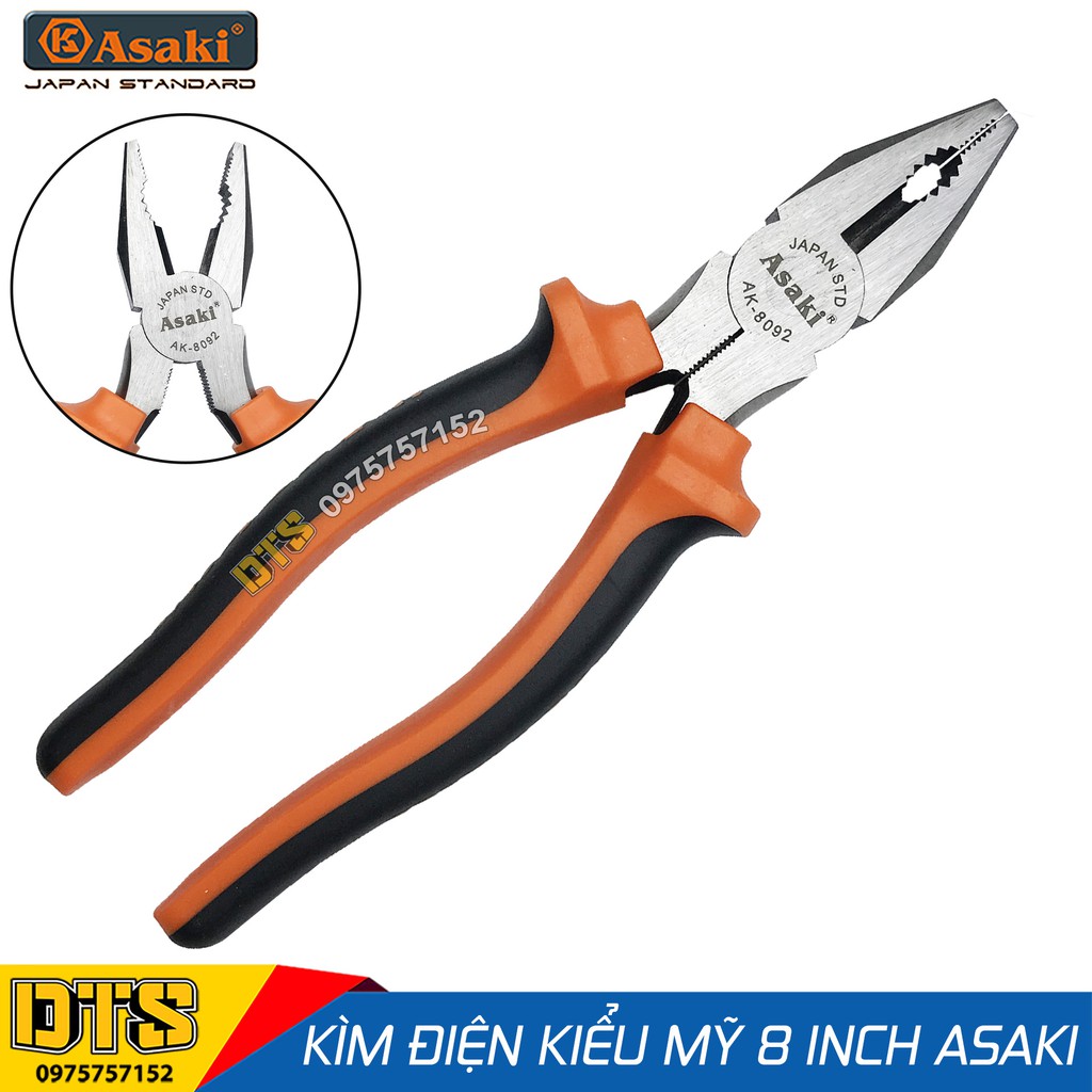 Kìm điện, kìm răng tổ hợp kiểu Mỹ Asaki A+cut Tech 8 inch/ 200mm, thép High Carbon độ cứng cao