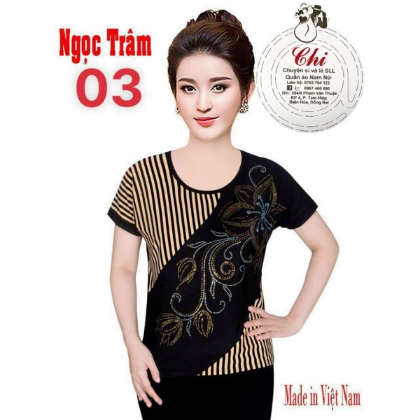 Áo thun cotton lạnh kiểu đính đá trung niên freesize từ 50-70kg