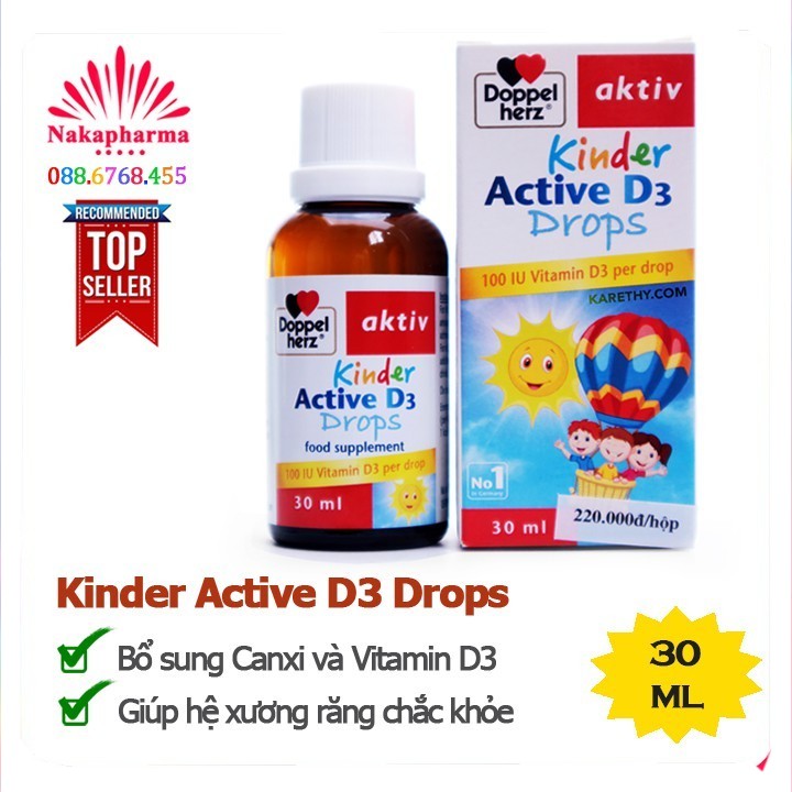 DoppelHerz Aktiv Kinder Active D3 Drops – Bổ sung canxi, vitamin D3 tối ưu, giúp xương chắc khỏe, tăng cường miễn dịch