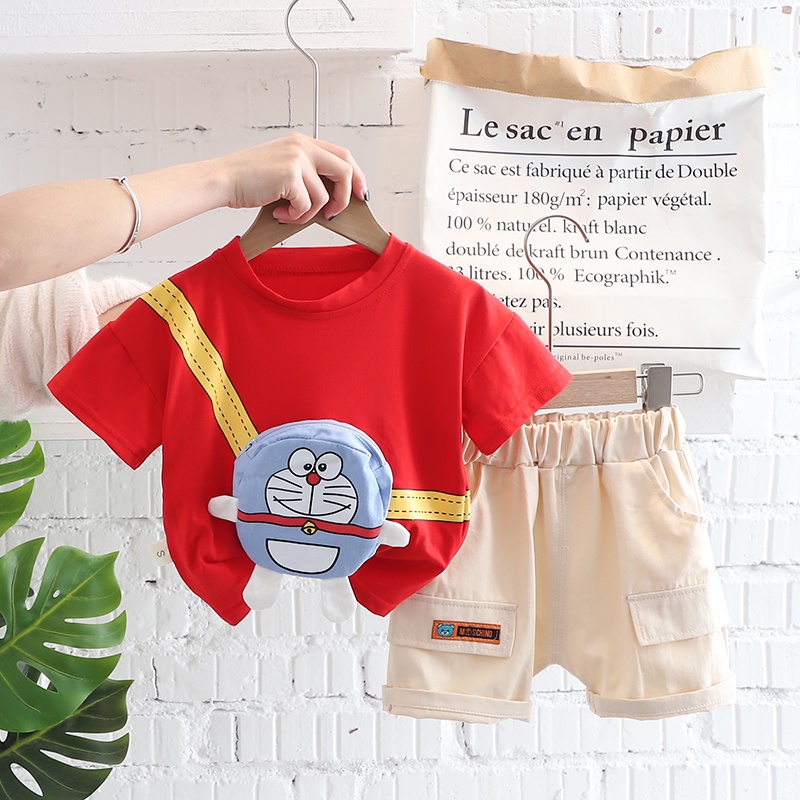 Bộ Trang Phục 2 Mảnh Gồm Áo Thun Cotton Cổ Tròn Và Quần Short In Hình Doraemon Và Túi Thời Trang Mùa Hè Dành Cho Bé Trai Và Bé Gái