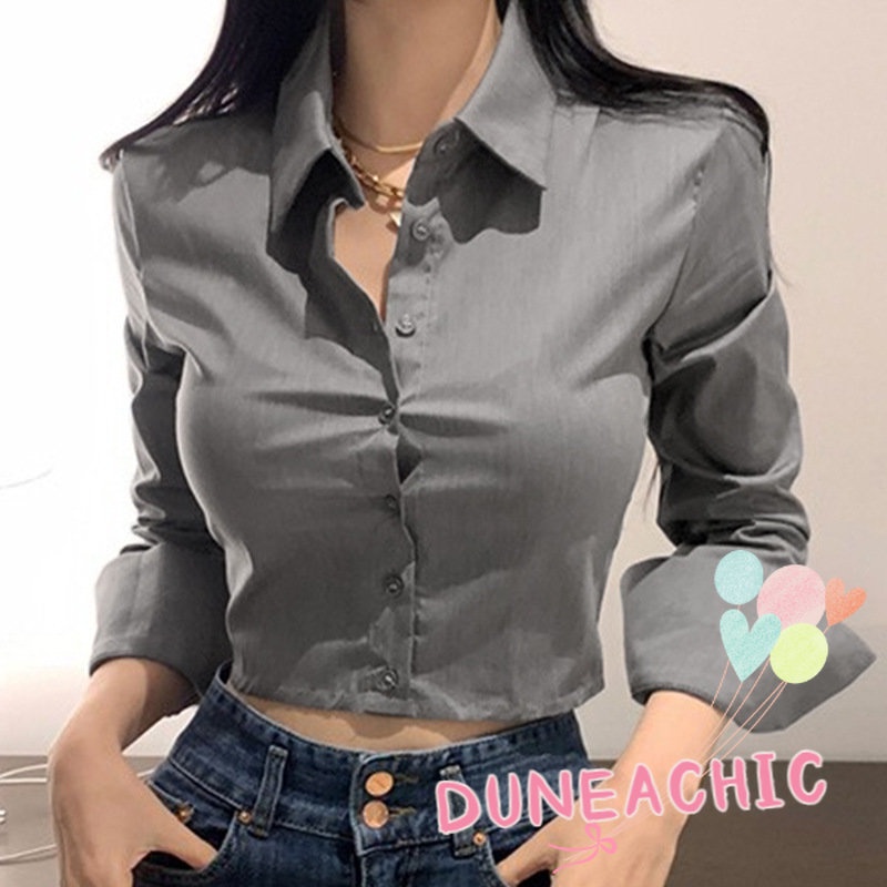 DUNEA Áo Sơ Mi Tay Dài Dáng Ngắn Hở Eo Quyến Rũ Cho Nữ
