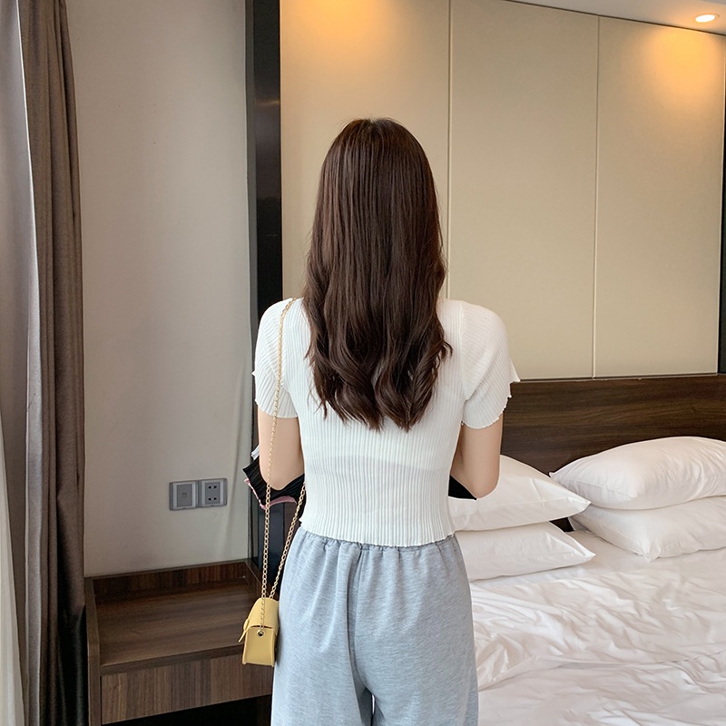 Áo thun bằng vải dệt kim tay ngắn cổ búp bê đính nơ thời trang mùa hè phong cách Hàn Quốc cho nữ VN170