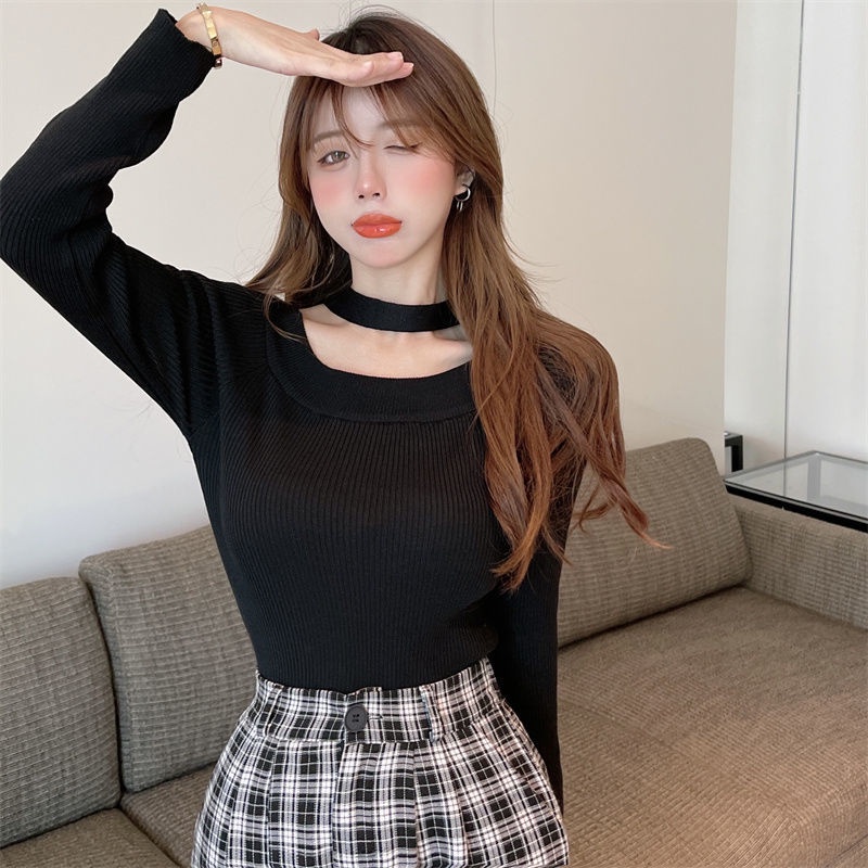 COZOK Áo len tay dài hở vai màu đen quyến rũ thời trang thu đông cho nữ