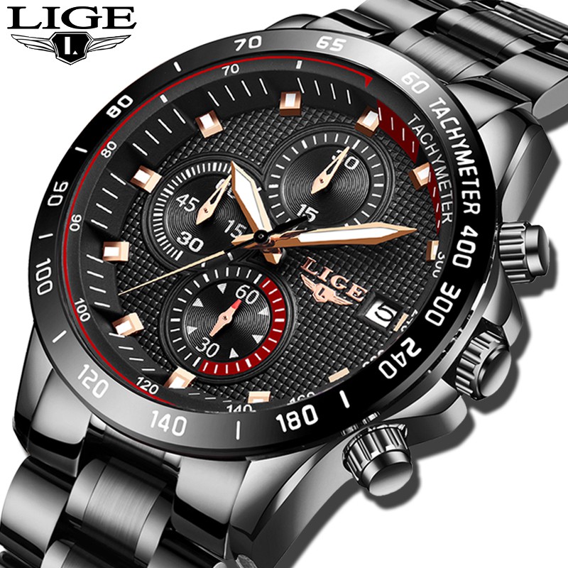 LIGE Men's 9994 Fashion Black Stainless Steel Waterproof Quartz Watch