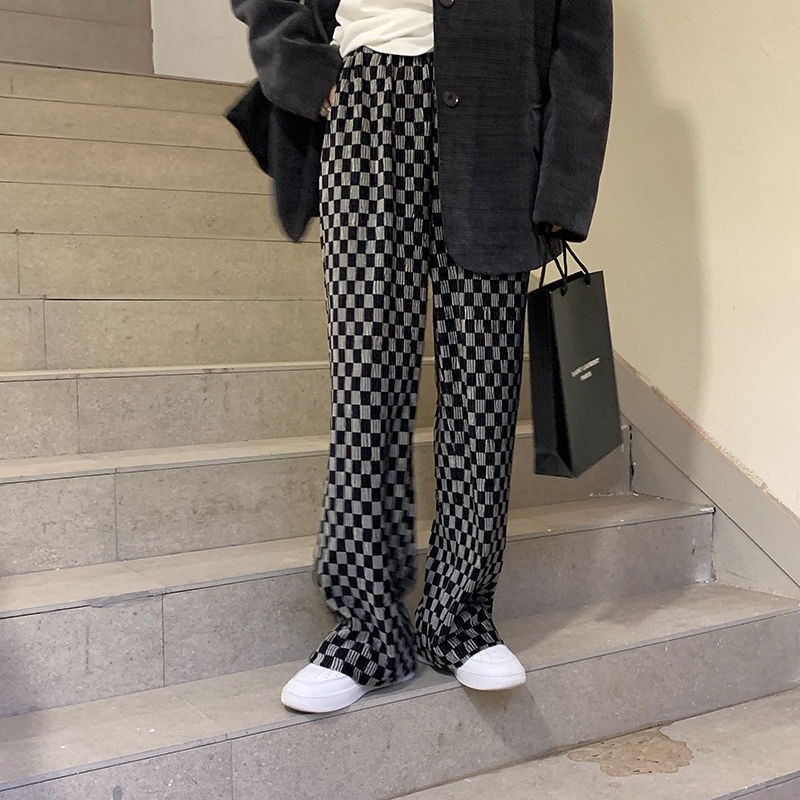 Quần ống rộng Họa Tiết Sọc Caro Thời Trang Thu Đông Cá Tính Cho Nữ