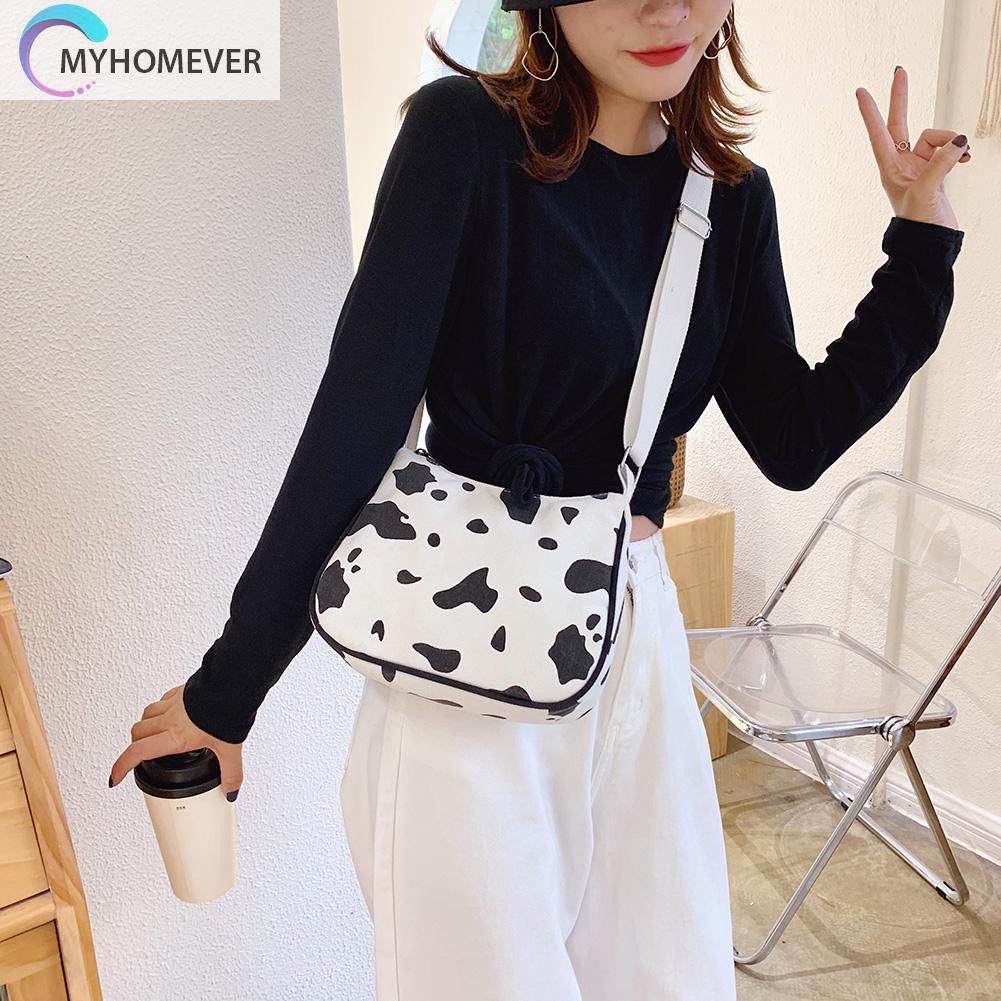 Túi Vải Canvas Đeo Chéo In Họa Tiết Bò Sữa Xinh Xắn Dành Cho Nữ