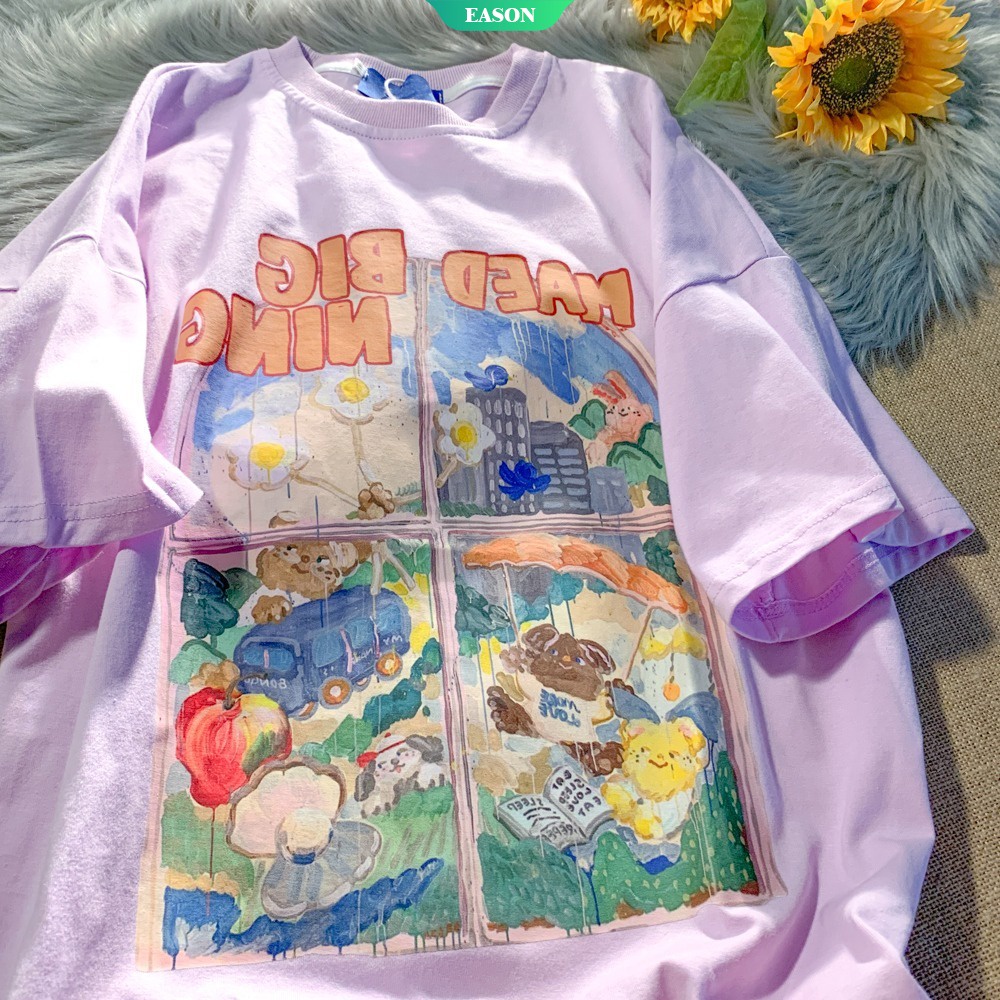 Áo Thun Tay Ngắn Dáng Rộng In Họa Tiết Tranh Sơn Dầu Thời Trang Mùa Hè Phong Cách Nhật Bản Cho Nữ