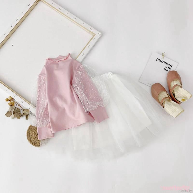 Set áo thun tay dài màu trơn &amp; váy công chúa Hàn Quốc cho bé gái