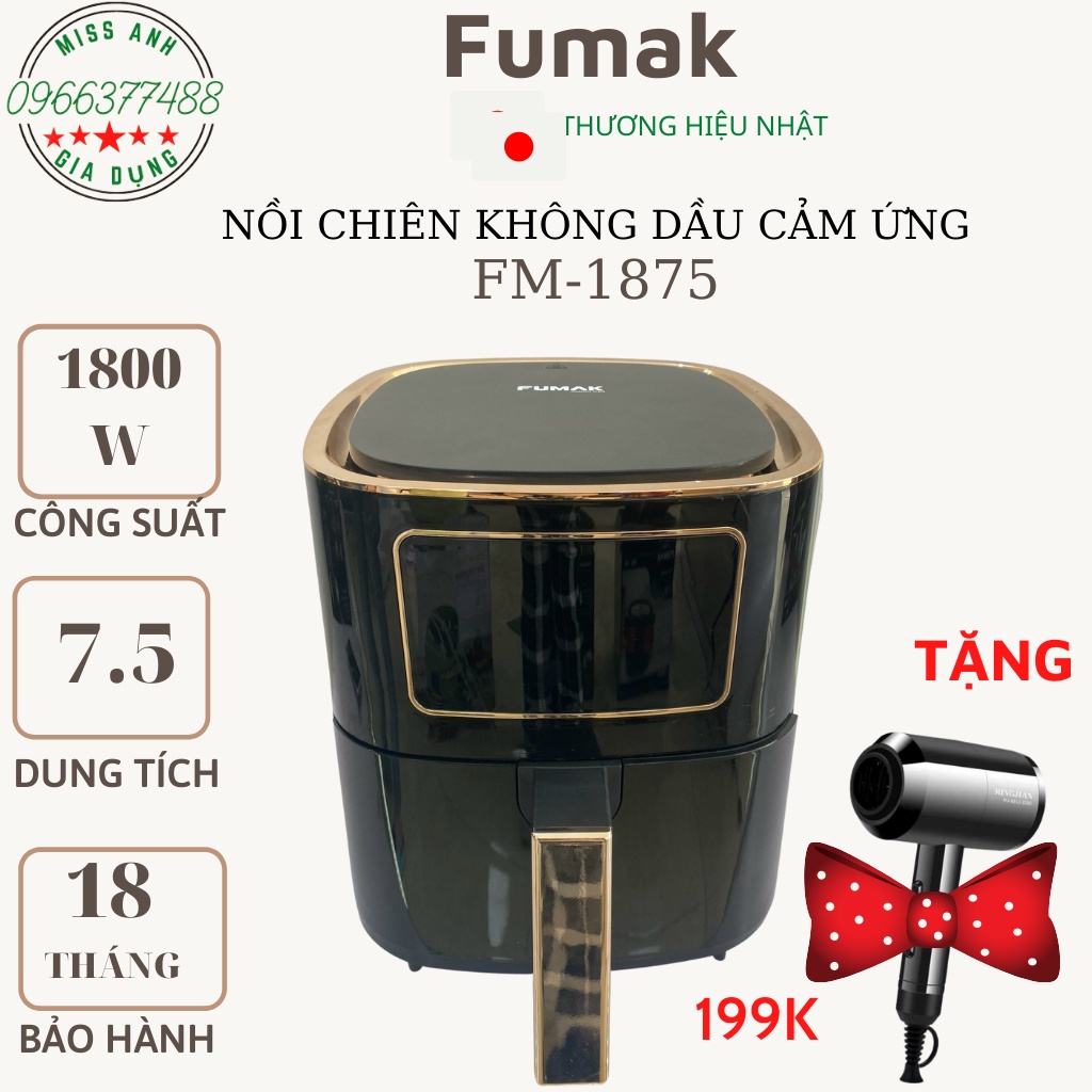 NỒI CHIÊN KHÔNG DẦU FUMAK  Nhật Bản, Dung Tích Lớn 7.5L,[ Bảo hành 18 tháng]