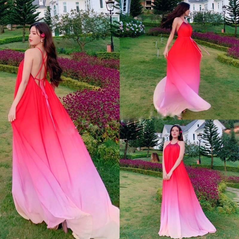 Đầm maxi thiết kế loang phối màu hở lưng xoè to phồng bồng bềnh, Kèm cúp ngực. Váy du lịch đầm công chúa